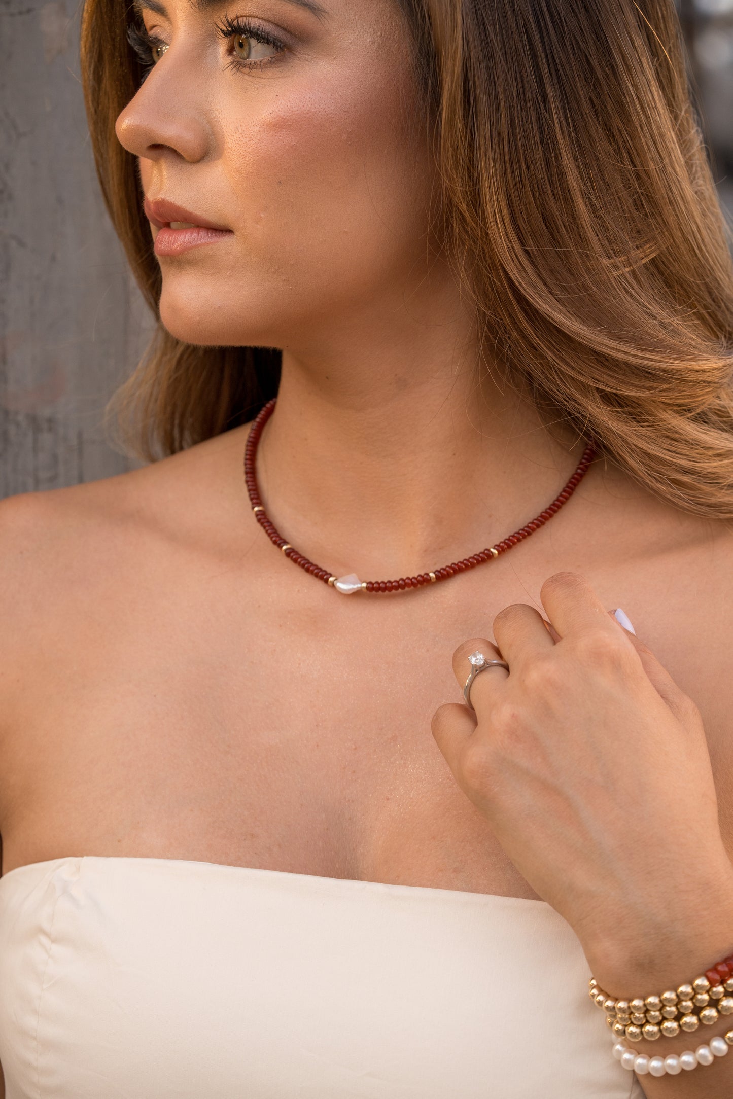 Red Agate 14k Gold Beads & Pearl